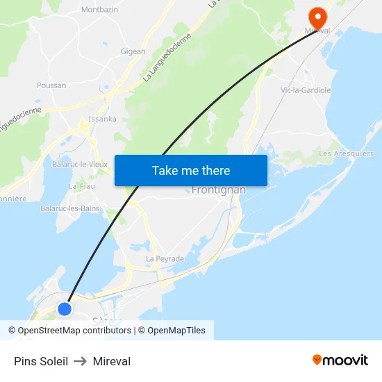Pins Soleil to Mireval map