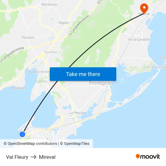 Val Fleury to Mireval map