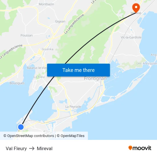 Val Fleury to Mireval map