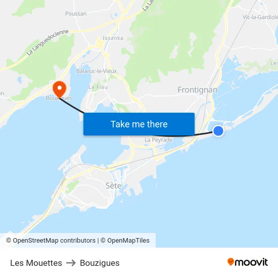 Les Mouettes to Bouzigues map