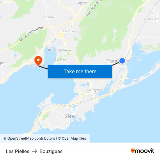 Les Pielles to Bouzigues map