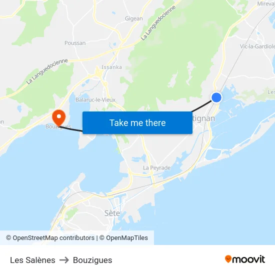 Les Salènes to Bouzigues map