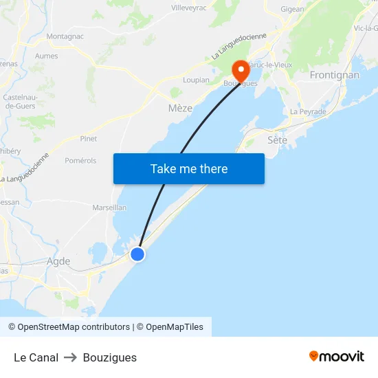 Le Canal to Bouzigues map