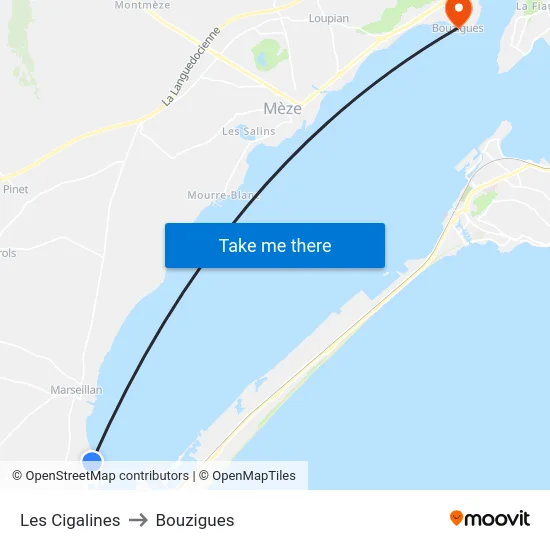Les Cigalines to Bouzigues map