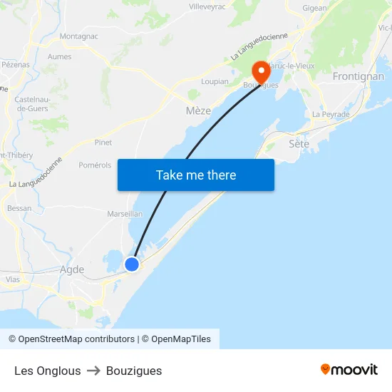 Les Onglous to Bouzigues map