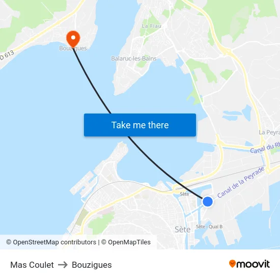 Mas Coulet to Bouzigues map