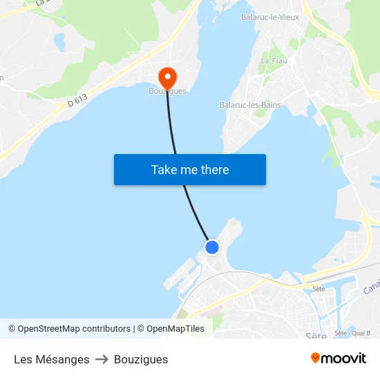 Les Mésanges to Bouzigues map