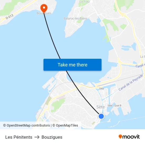 Les Pénitents to Bouzigues map