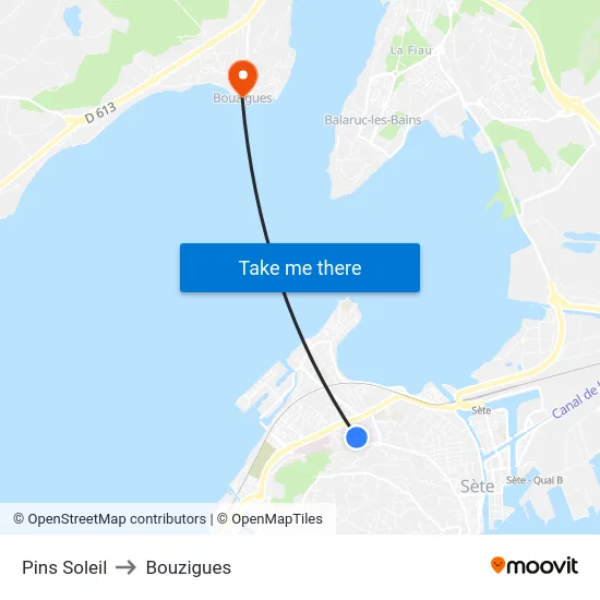 Pins Soleil to Bouzigues map