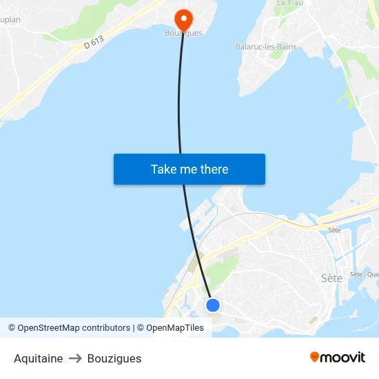 Aquitaine to Bouzigues map