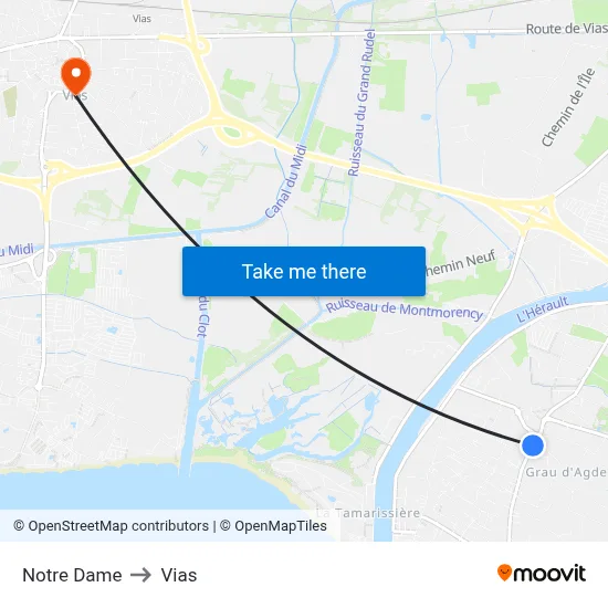 Notre Dame to Vias map