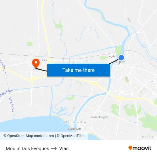 Moulin Des Evêques to Vias map