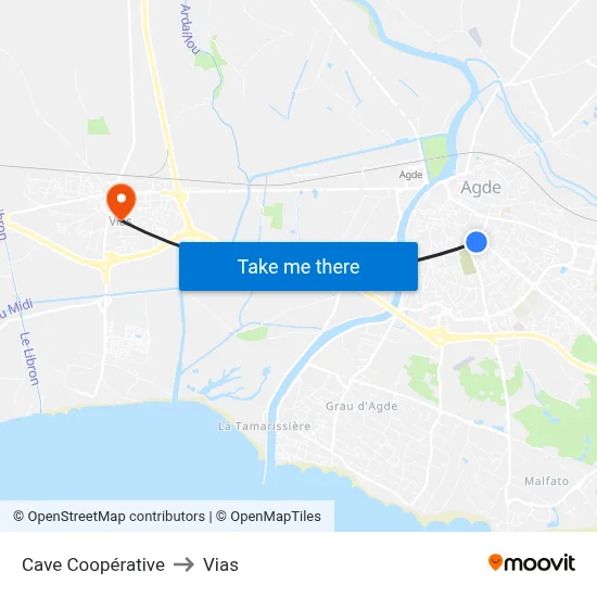 Cave Coopérative to Vias map