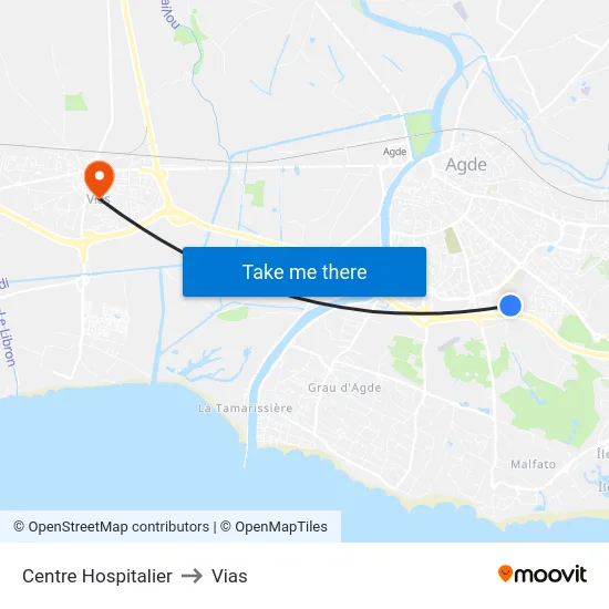 Centre Hospitalier to Vias map