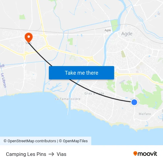 Camping Les Pins to Vias map