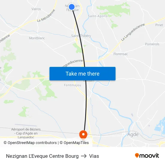 Nezignan L'Eveque Centre Bourg to Vias map