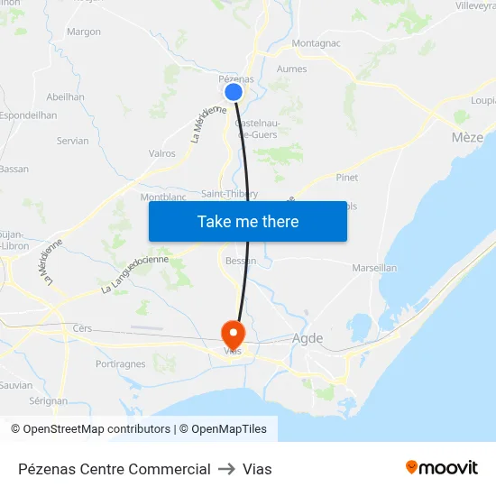 Pézenas Centre Commercial to Vias map