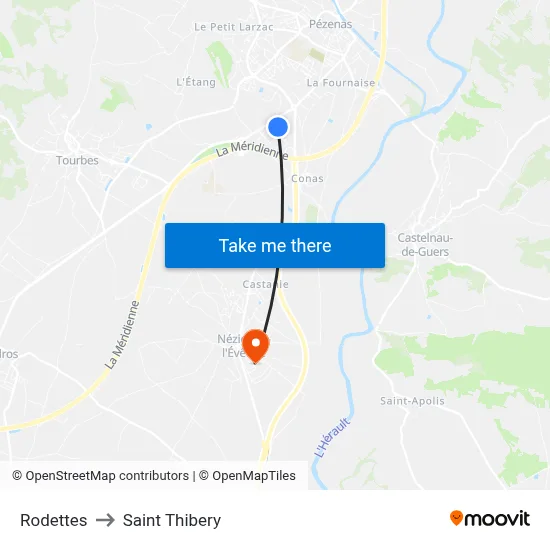 Rodettes to Saint Thibery map