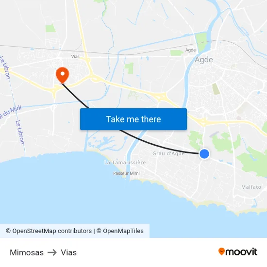 Mimosas to Vias map