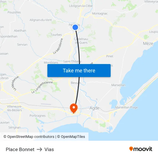 Place Bonnet to Vias map