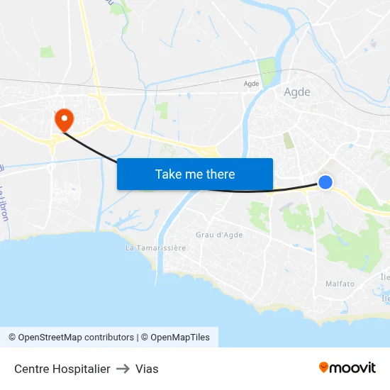Centre Hospitalier to Vias map