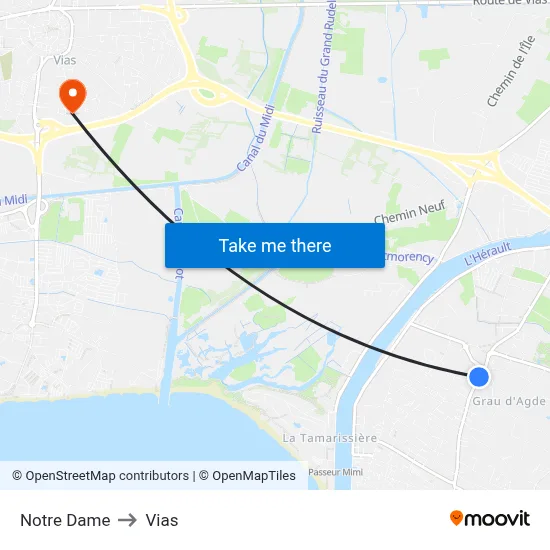 Notre Dame to Vias map