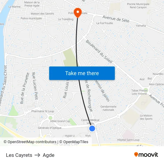 Les Cayrets to Agde map