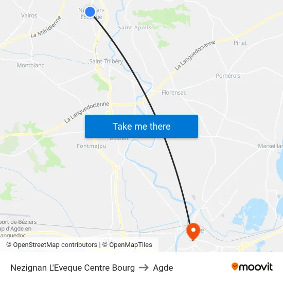 Nezignan L'Eveque Centre Bourg to Agde map