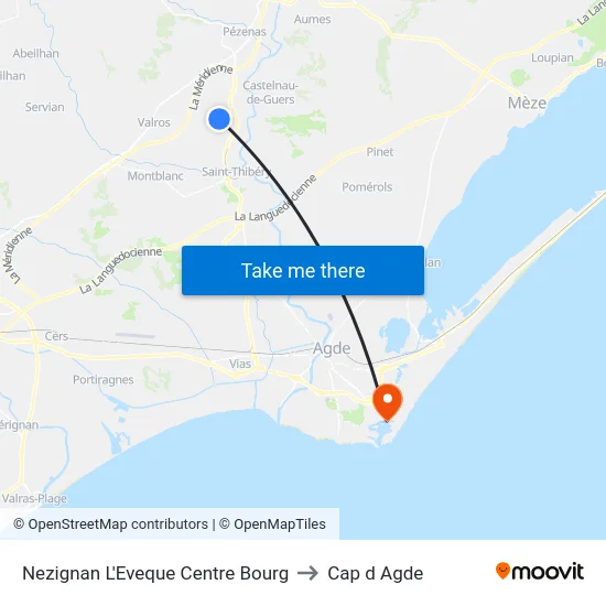 Nezignan L'Eveque Centre Bourg to Cap d Agde map