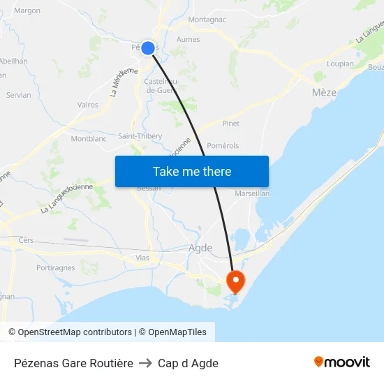 Pézenas Gare Routière to Cap d Agde map