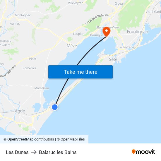 Les Dunes to Balaruc les Bains map