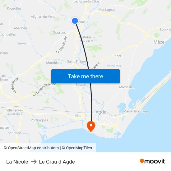 La Nicole to Le Grau d Agde map