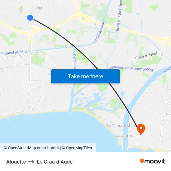 Alouette to Le Grau d Agde map