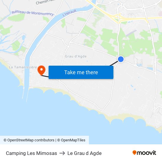Camping Les Mimosas to Le Grau d Agde map