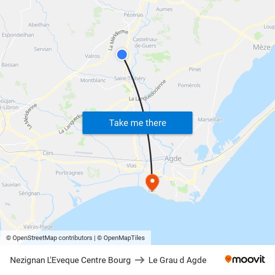 Nezignan L'Eveque Centre Bourg to Le Grau d Agde map