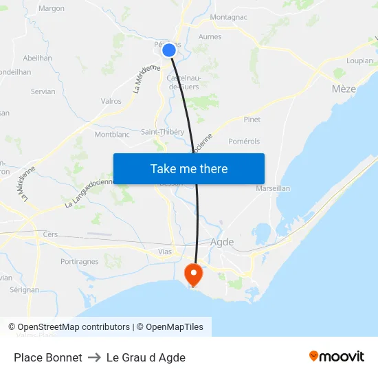 Place Bonnet to Le Grau d Agde map