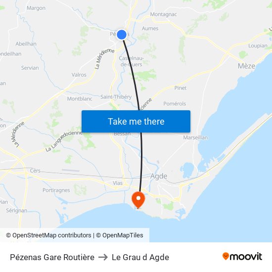 Pézenas Gare Routière to Le Grau d Agde map