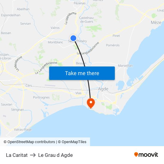 La Caritat to Le Grau d Agde map