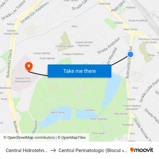 Centrul Hidrotehnica to Centrul Perinatologic (Blocul «A») map