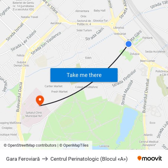 Gara Feroviară to Centrul Perinatologic (Blocul «A») map