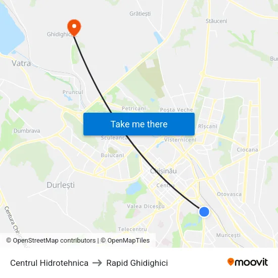 Centrul Hidrotehnica to Rapid Ghidighici map