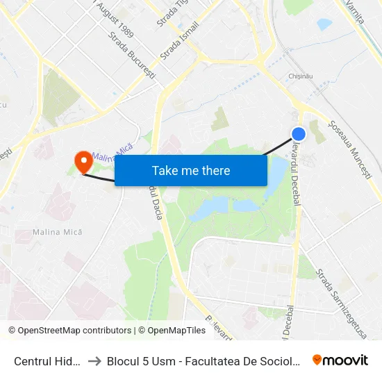 Centrul Hidrotehnica to Blocul 5 Usm - Facultatea De Sociologie Și Asistență Socială map