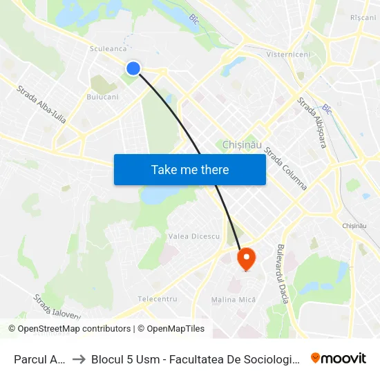 Parcul Alunelul to Blocul 5 Usm - Facultatea De Sociologie Și Asistență Socială map