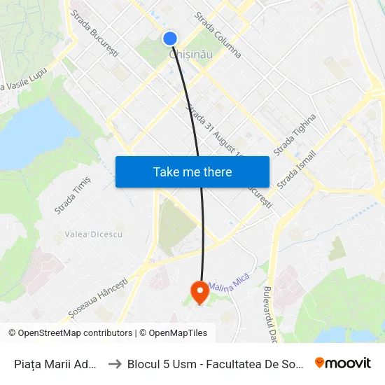 Piața Marii Adunări Naționale to Blocul 5 Usm - Facultatea De Sociologie Și Asistență Socială map