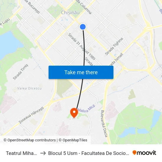 Teatrul Mihai Eminescu to Blocul 5 Usm - Facultatea De Sociologie Și Asistență Socială map