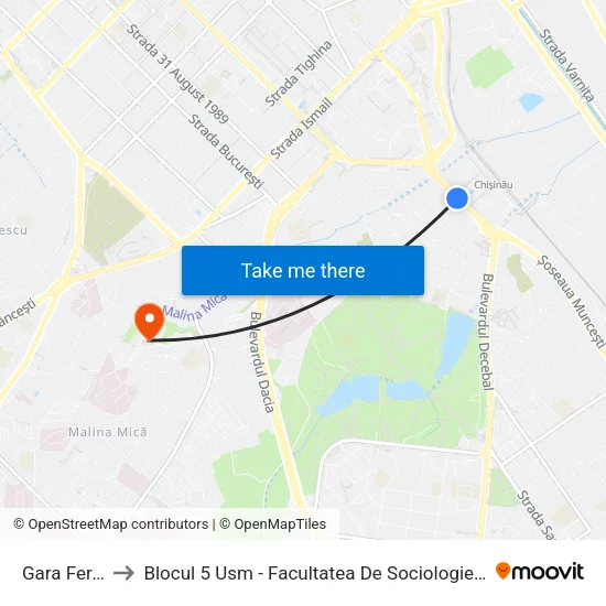 Gara Feroviară to Blocul 5 Usm - Facultatea De Sociologie Și Asistență Socială map