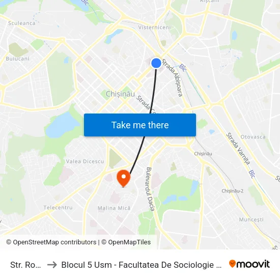 Str. Romană to Blocul 5 Usm - Facultatea De Sociologie Și Asistență Socială map