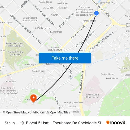 Str. Ismail to Blocul 5 Usm - Facultatea De Sociologie Și Asistență Socială map