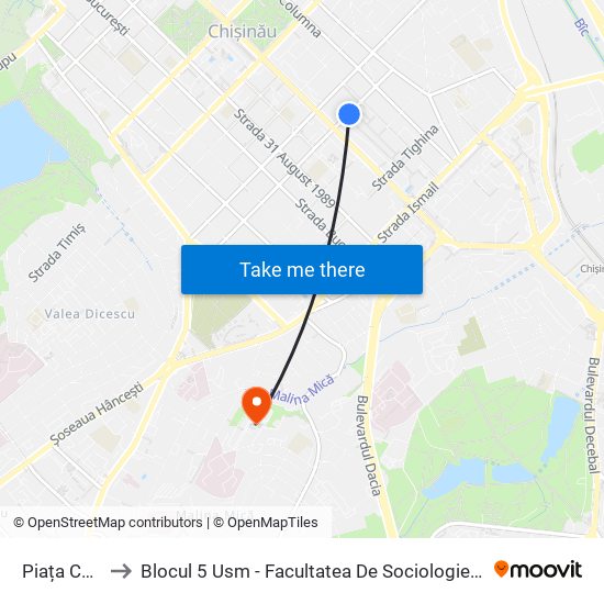 Piața Centrală to Blocul 5 Usm - Facultatea De Sociologie Și Asistență Socială map