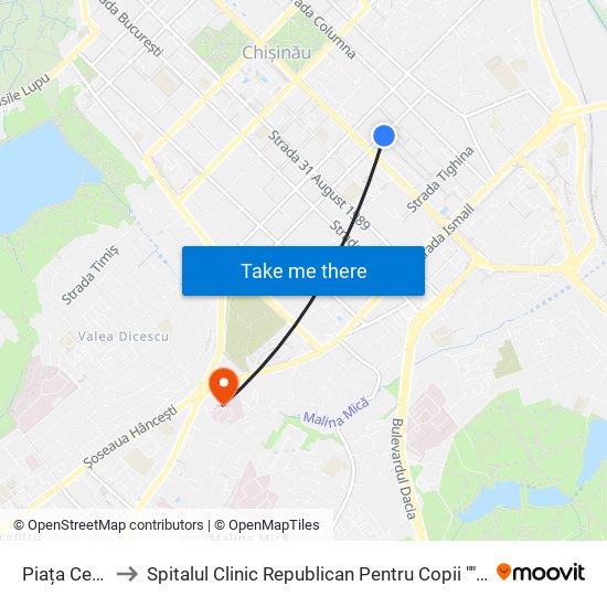Piața Centrală to Spitalul Clinic Republican Pentru Copii ""Emilian Coțaga"" map